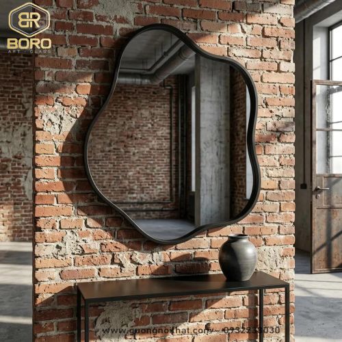 Gương trang trí kiểu Bắc Âu, Gương nhà tắm khung gỗ CNC217, kích thước 60*80 cm