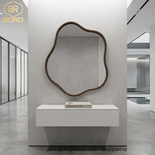 Gương trang trí kiểu Bắc Âu, Gương nhà tắm khung gỗ CNC217, kích thước 60*80 cm