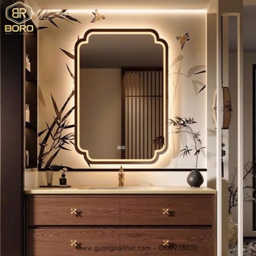 Gương phong cách Inodochine bản gỗ phẳng có đèn led viền sáng CNC29P-LEDVIEN, Kích thước 60*90cm