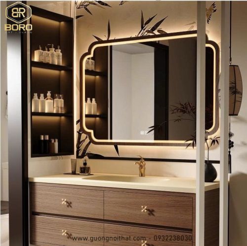 Gương phong cách Inodochine bản gỗ phẳng có đèn led viền sáng CNC29P-LEDVIEN, Kích thước 60*90cm