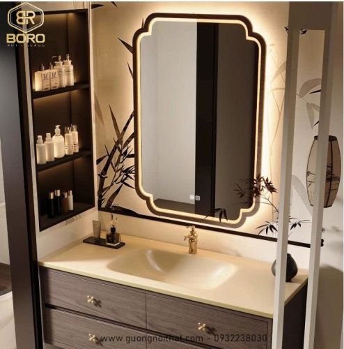 Gương phong cách Inodochine bản gỗ phẳng có đèn led viền sáng CNC29P-LEDVIEN, Kích thước 60*90cm