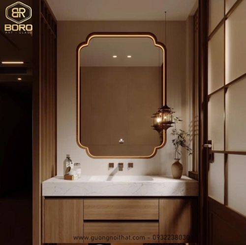 Gương phong cách Inodochine bản gỗ phẳng có đèn led viền sáng CNC29P-LEDVIEN, Kích thước 60*90cm