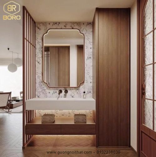 Gương phong cách Inodochine bản gỗ phẳng có đèn led viền sáng CNC29P-LEDVIEN, Kích thước 60*90cm