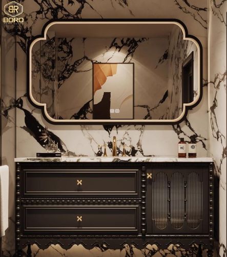 Gương phong cách Inodochine bản gỗ phẳng có đèn led viền sáng CNC29P-LEDVIEN, Kích thước 60*90cm