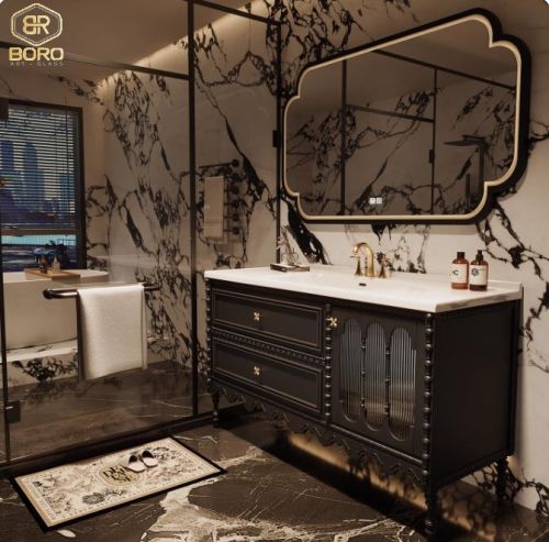 Gương phong cách Inodochine bản gỗ phẳng có đèn led viền sáng CNC29P-LEDVIEN, Kích thước 60*90cm