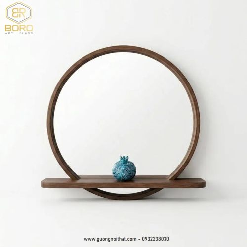 Gương tròn khung gỗ có kệ để đồ GT102, kích thước theo yêu cầu