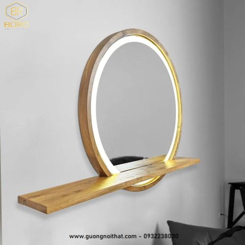 Gương tròn đèn led khung gỗ có kệ để đồ GT102-LEDVIEN, kích thước theo yêu cầu