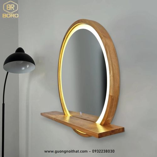 Gương tròn đèn led khung gỗ có kệ để đồ GT102-LEDVIEN, kích thước theo yêu cầu