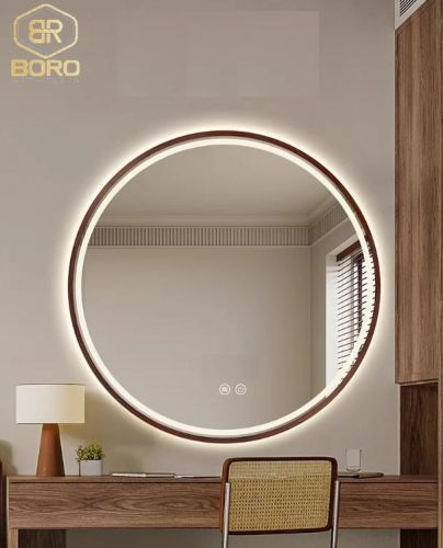 Gương tròn khung gỗ có đèn led GT104-LED, kích thước D60 cm