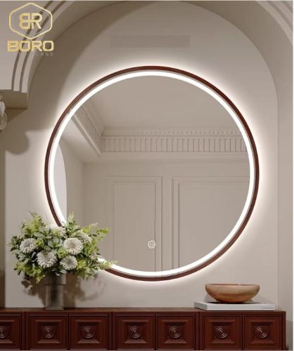 Gương tròn khung gỗ có đèn led GT104-LED, kích thước D60 cm