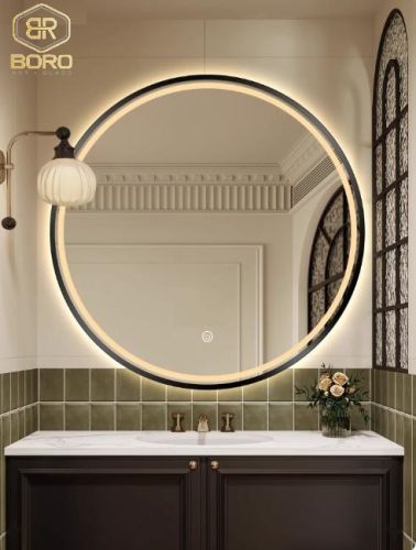 Gương tròn khung gỗ có đèn led GT104-LED, kích thước D60 cm