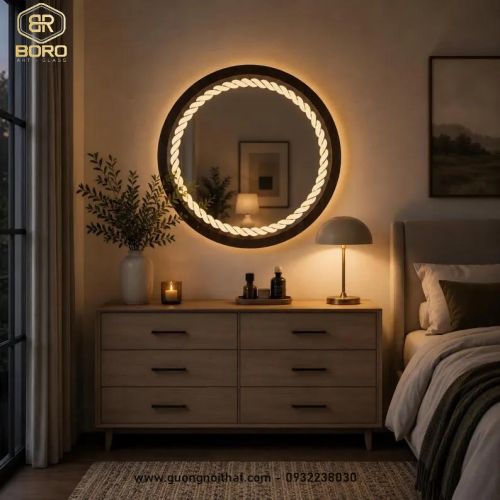 Gương khung gỗ kết hợp led viền sáng họa tiết độc đáo GT104-LEDHOATIET, kích thước 70*70 cm