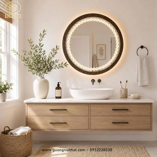 Gương khung gỗ kết hợp led viền sáng họa tiết độc đáo GT104-LEDHOATIET, kích thước 70*70 cm