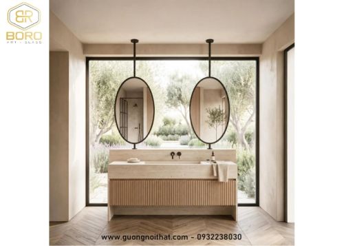 Gương treo trần hình elip khung inox mã INOXBR161,  kích thước theo yêu cầu