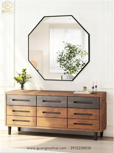 Gương khung inox bát giác sơn đen INOXBR173, kích thước 60*60 cm