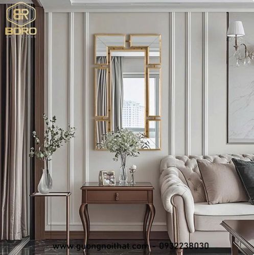 Gương trang trí phòng khách, phòng ngủ, cửa ra vào, gương lớn hình chữ nhật cổ điển INOXBR256, kích thước 74*130cm