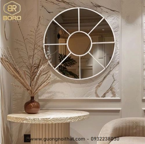 Gương trang trí tường cổ điển Châu Âu phòng khách, phòng ngủ, gương trang điểm hình tròn INOXBR257, kích thước D100cm