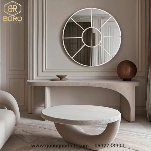 Gương trang trí tường cổ điển Châu Âu phòng khách, phòng ngủ, gương trang điểm hình tròn INOXBR257, kích thước D100cm