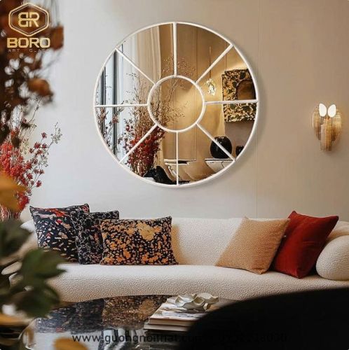 Gương trang trí tường cổ điển Châu Âu phòng khách, phòng ngủ, gương trang điểm hình tròn INOXBR257, kích thước D100cm