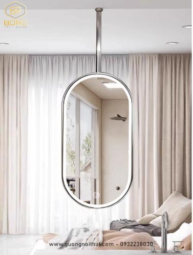 Gương treo trần bằng inox, gương treo hình bầu dục cho phòng tắm và khách sạn INOXLED407