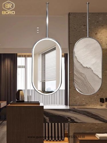 Gương treo trần bằng inox, gương treo hình bầu dục cho phòng tắm và khách sạn INOXLED407