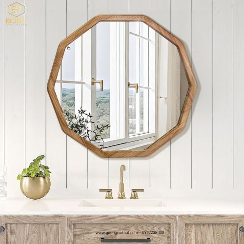 Gương gỗ treo tường, Gương trang trí phong cách mộc mạc KGBR89, kích thước 70*70 cm