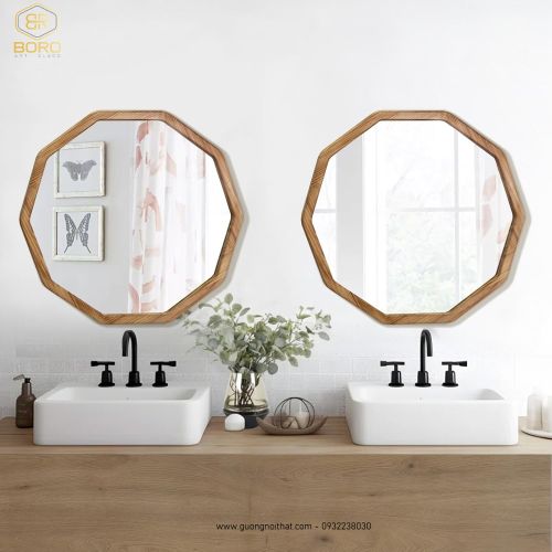 Gương gỗ treo tường, Gương trang trí phong cách mộc mạc KGBR89, kích thước 70*70 cm