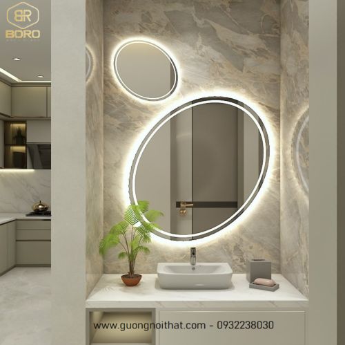 Gương đôi có đèn led viền sáng hình quả trứng độc đáo LED028 Kích thước theo yêu cầu