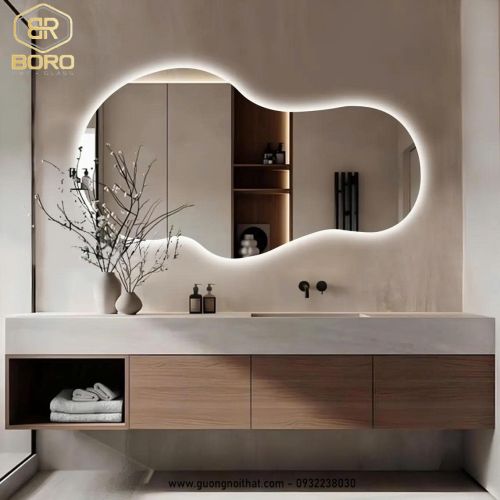 Gương phòng tắm LED không đối xứng, Gương trang trí không khung có đèn hiện đại LED043, KT 72*128cm
