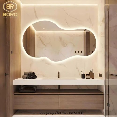 Gương phòng tắm LED không đối xứng, Gương trang trí không khung có đèn hiện đại LED043, KT 72*128cm