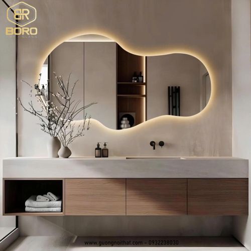 Gương phòng tắm LED không đối xứng, Gương trang trí không khung có đèn hiện đại LED043, KT 72*128cm