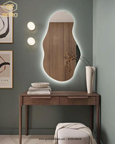 Gương không đều có đèn LED, Gương phòng tắm có đèn LED, Gương chiếu sáng không đối xứng, Gương trang điểm LED045, KT 50*90cm