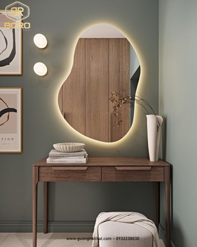 Gương bất đối xứng có đèn LED, Gương phòng ngủ có đèn nền, Gương trang trí có đèn LED046, KT 63*90cm
