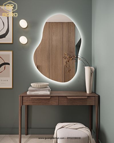 Gương bất đối xứng có đèn LED, Gương phòng ngủ có đèn nền, Gương trang trí có đèn LED046, KT 63*90cm