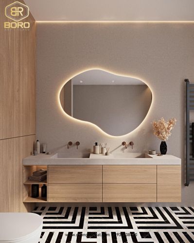 Gương bất đối xứng có đèn LED, Gương phòng ngủ có đèn nền, Gương trang trí có đèn LED046, KT 63*90cm