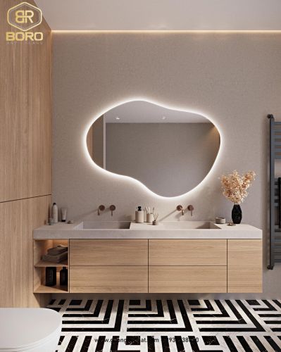 Gương bất đối xứng có đèn LED, Gương phòng ngủ có đèn nền, Gương trang trí có đèn LED046, KT 63*90cm