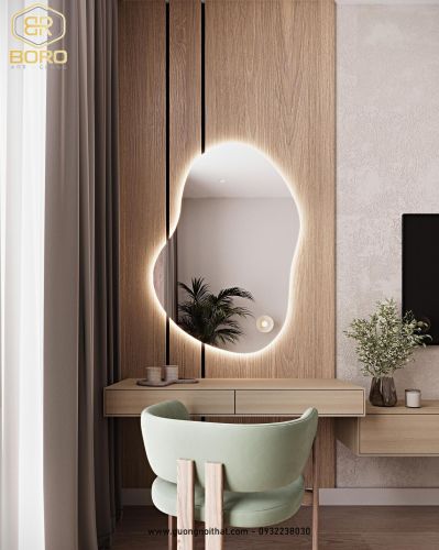 Gương bất đối xứng có đèn LED, Gương phòng ngủ có đèn nền, Gương trang trí có đèn LED046, KT 63*90cm