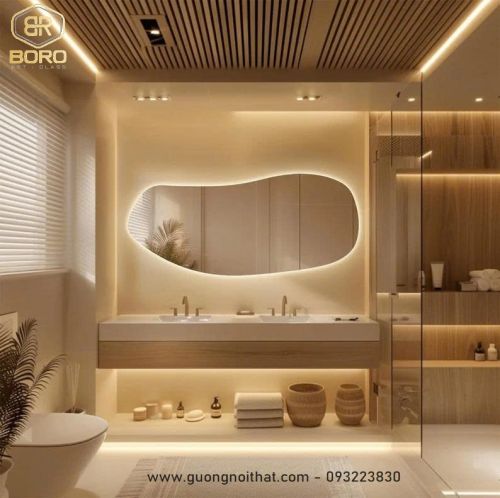 Gương treo tường LED không đối xứng: Trang trí nhà hiện đại không khung có đèn LED047, KT 64*140cm