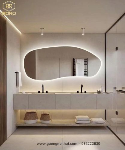 Gương treo tường LED không đối xứng: Trang trí nhà hiện đại không khung có đèn LED047, KT 64*140cm