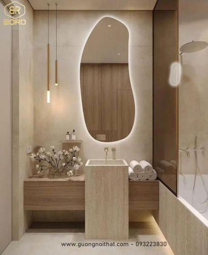 Gương treo tường LED không đối xứng: Trang trí nhà hiện đại không khung có đèn LED047, KT 64*140cm