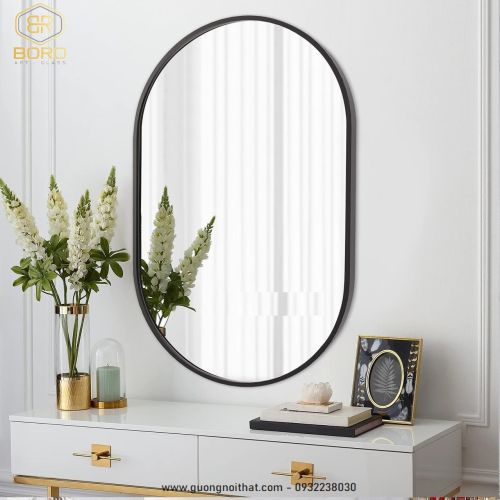 Gương nhà tắm khung nhôm oval gương phôi Bỉ NHOMBR008, KT 60*80 cm
