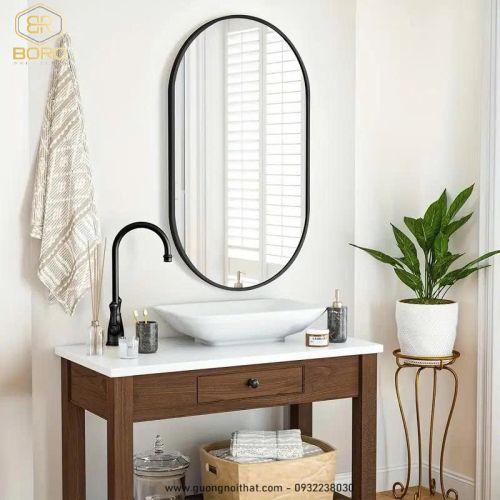 Gương nhà tắm khung nhôm oval gương phôi Bỉ NHOMBR008, KT 60*80 cm