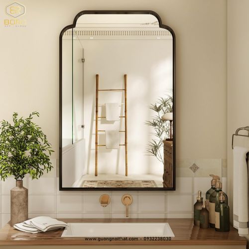 Gương phòng tắm màu đen, Gương hình chữ nhật góc bo tròn NHOMBR009, KT 60*90 cm